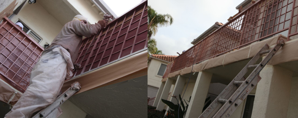 Commercial painting on a metal railing on an Oceanside HOA