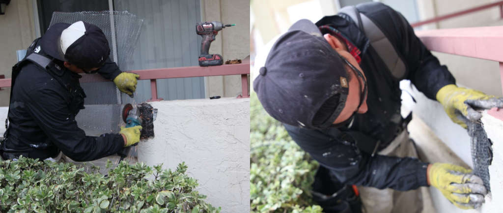 A commercial painter repairing stucco at an Oceanside CA condo